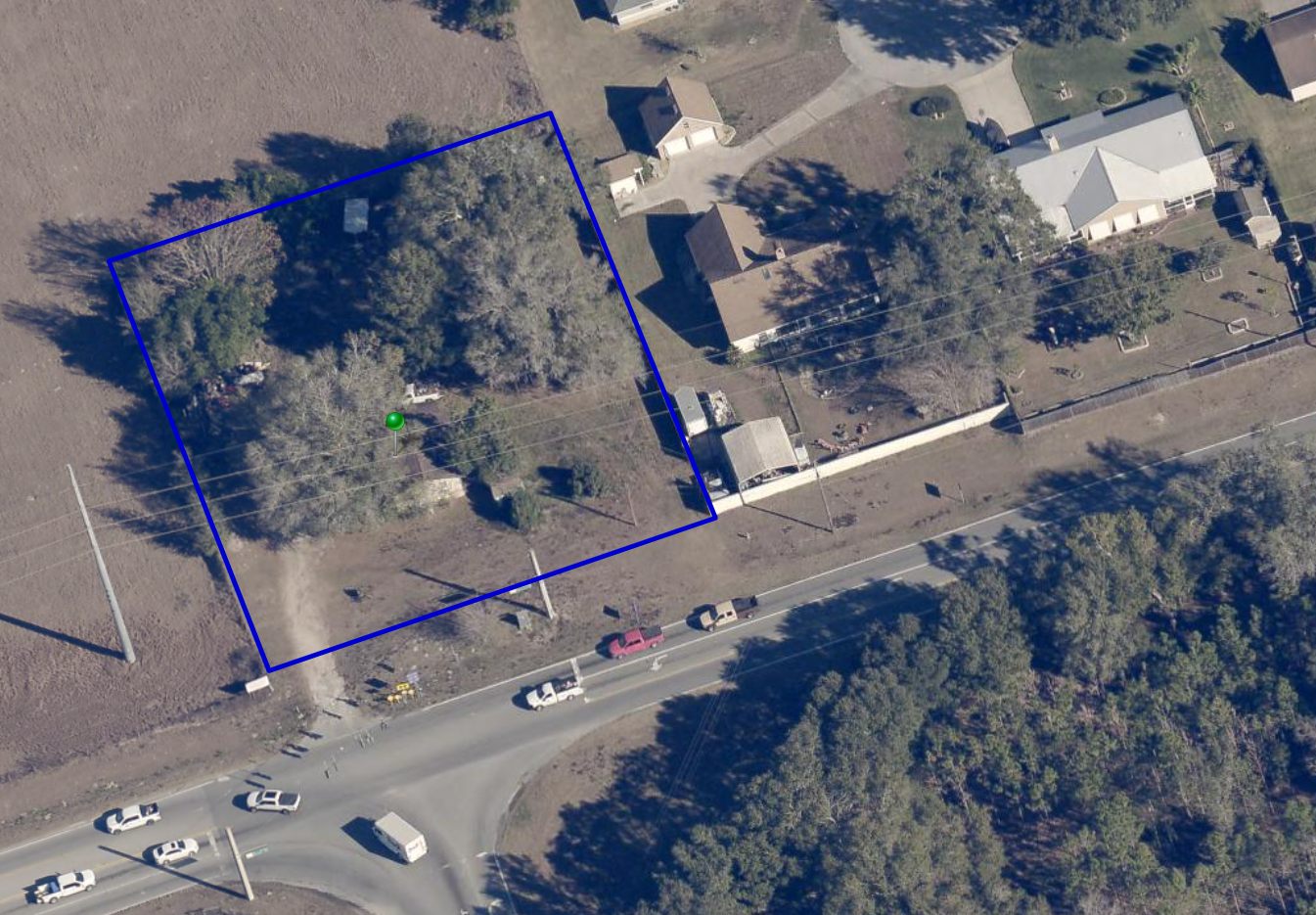 Close aerial of the parcel outlined at the CR 44 and CR 44A intersection