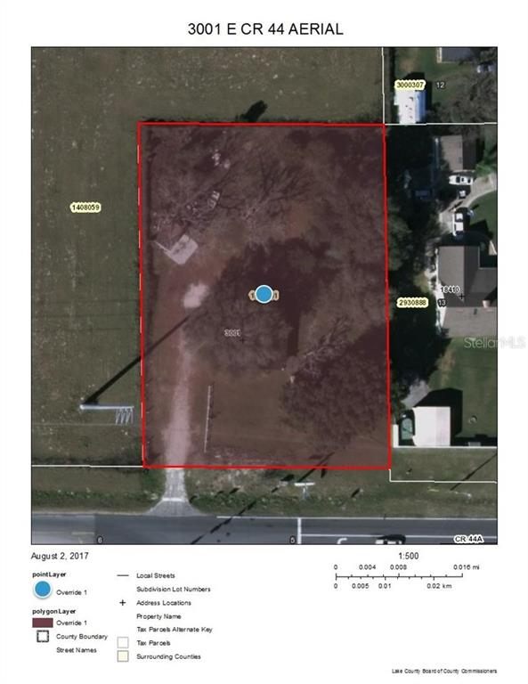 Aerial parcel map of 3001 E County Road 44 showing 165 feet of frontage at the corner